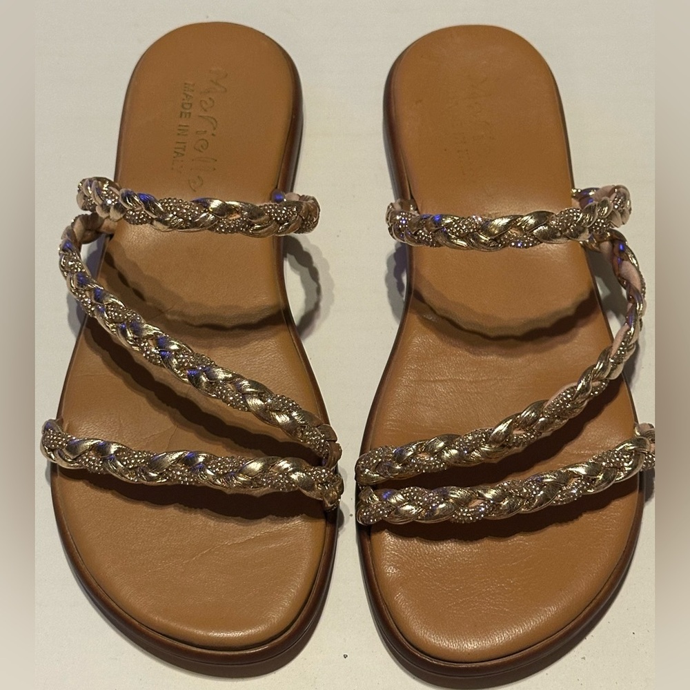 MARELLA Gold Braided-Strap Tan Slide Sandals